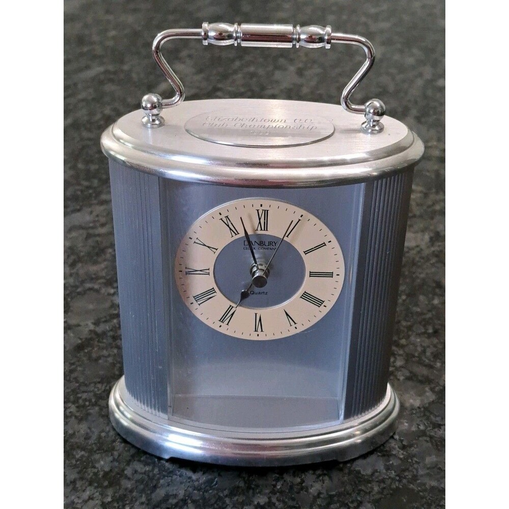 VTG Danbury Clock Company Desk Mantle Clock Silver Tone Tested & Works ENGRAVED